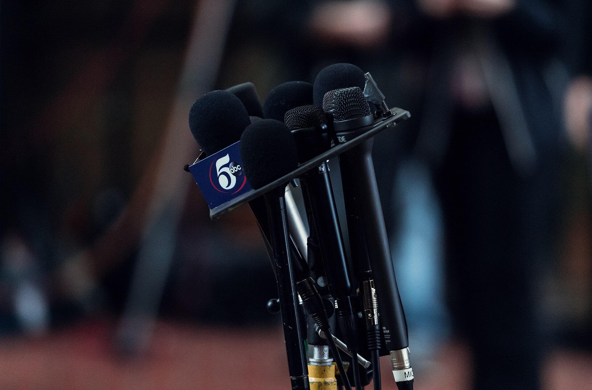 Microphones are set up for a press conference covering Indian cinema in Australia.